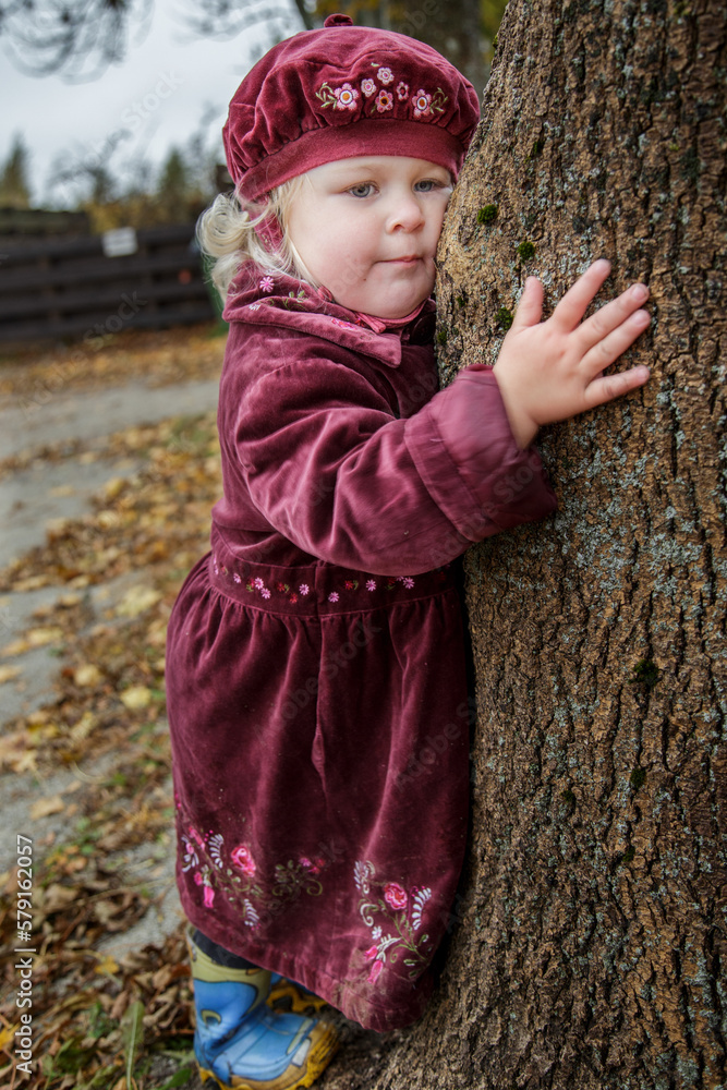 A little girl hugs a big tree A little girl hugs a big tree