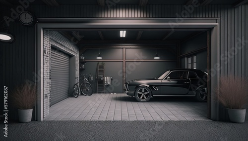 Generative AI of a garage with a black car in the door