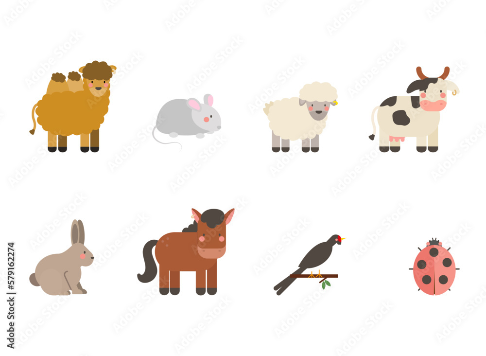 Obraz premium farmFlat farm animals set with Bactrian Camel, Horse, Swallow, Ladybug, Hare, Rabbit, Sheep, Cow, Rat, Mouse.Perfect for designs related to farming, agriculture, and rural life. animals set