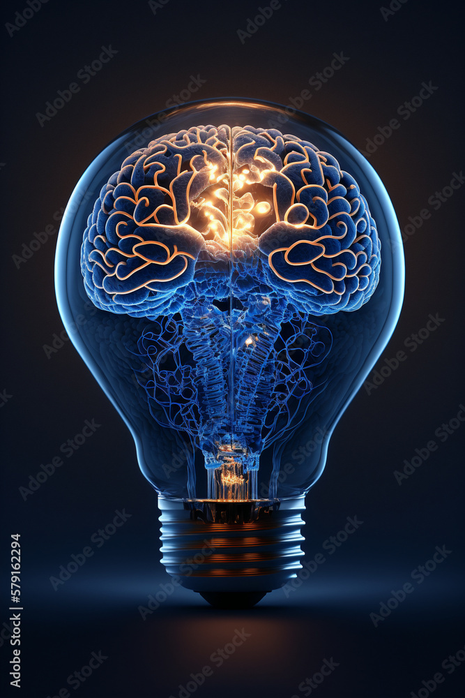 Brain light bulb human brain glowing inside of light bulb. Conceptual symbol of idea and insight. AI generated Brain light bulb human brain glowing inside of light bulb. Conceptual symbol of idea and insight. AI generated
