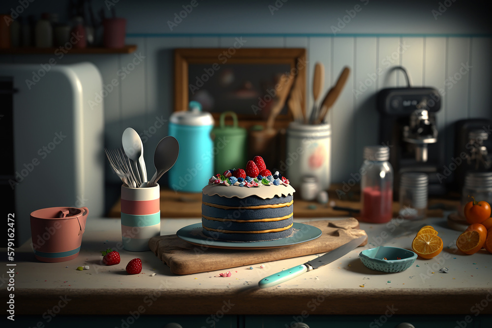 Baking ingredients placed on wooden table, ready for cooking. Copyspace for text. Concept of food preparation, kitchen on background., Created using generative AI tools. Baking ingredients placed on wooden table, ready for cooking. Copyspace for text. Concept of food preparation, kitchen on background., Created using generative AI tools.