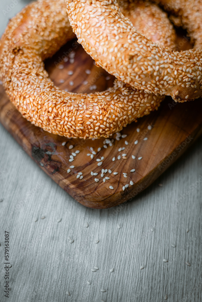 Bakery shop products various kinds of baguette, bagel, donut