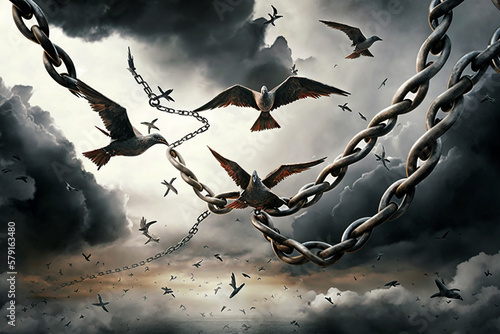 birds flying out of broken chains freedom concept dramatic sky
