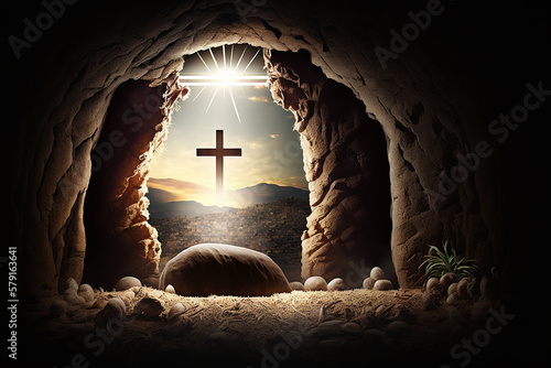 empty tomb of Jesus Christ at sunrise resurrection