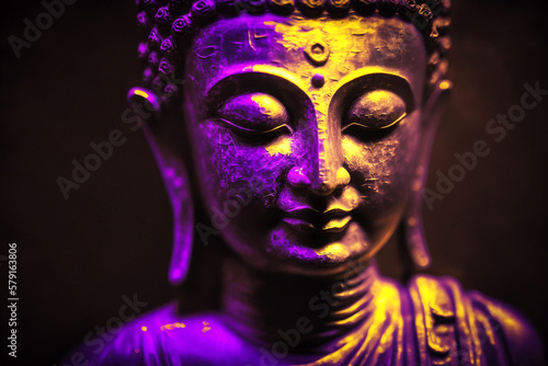 buddha face in violet light Generative ai