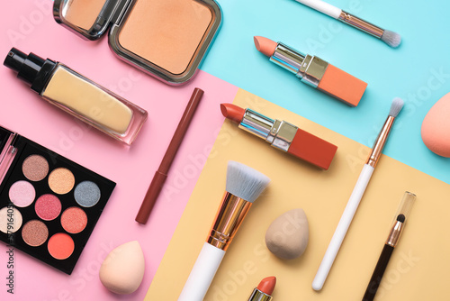 Composition with makeup brushes, beauty and makeup cosmetics and beauty makeup sponges. Beauty and makeup concept