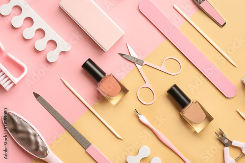 Composition with cosmetics and accessories for manicure or pedicure. Manicure and pedicure concept photo