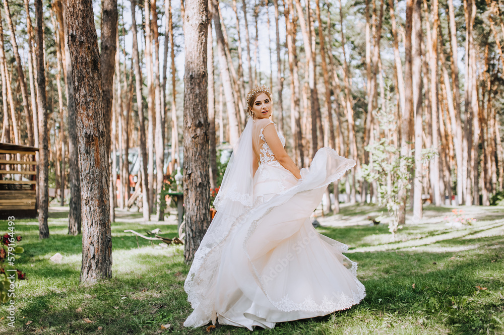 Beautiful, happy, smiling blonde model bride in a long white lace dress dances, spins in a pine face outdoors in nature. Wedding photography, portrait. Beautiful, happy, smiling blonde model bride in a long white lace dress dances, spins in a pine face outdoors in nature. Wedding photography, portrait.