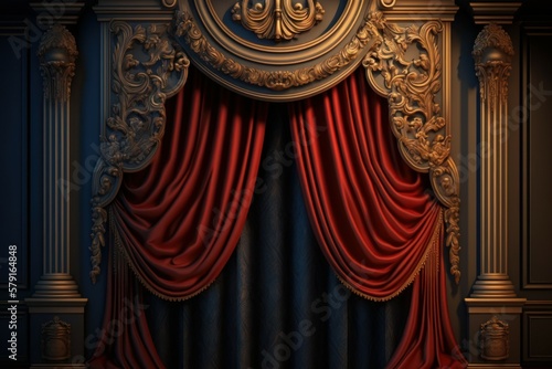 Magic theater stage red curtains. Show concept. AI generated  human enhanced