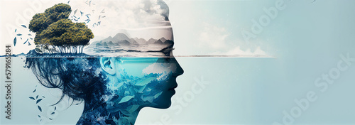 Earth day banner, profile of woman on sea and land landscape with copy space, concept of environment caring life on the planet. Generative AI illustration photo