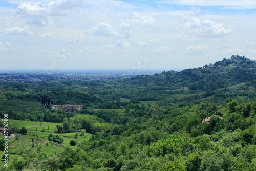 Pyramids of Montevecchia and the Curone Valley Natural Park. Area of ​​northern Italy called Brianza. Woods of the Lombardy and Lecchese regions. Green hills full of vegetation.