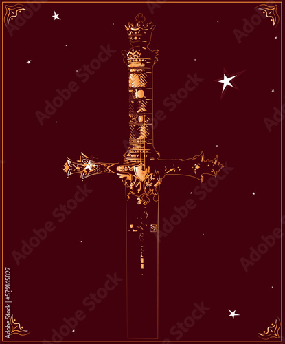 A burgundy-coloured emblem card with the outlines of a golden sword.