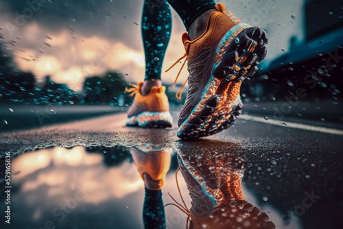 Sneaker shoes, feet close-up. Wet rainy weather, puddles. Runner makes a morning run in a city street. Jogging, running, wellness, fitness, health concept. City landscape blurred background