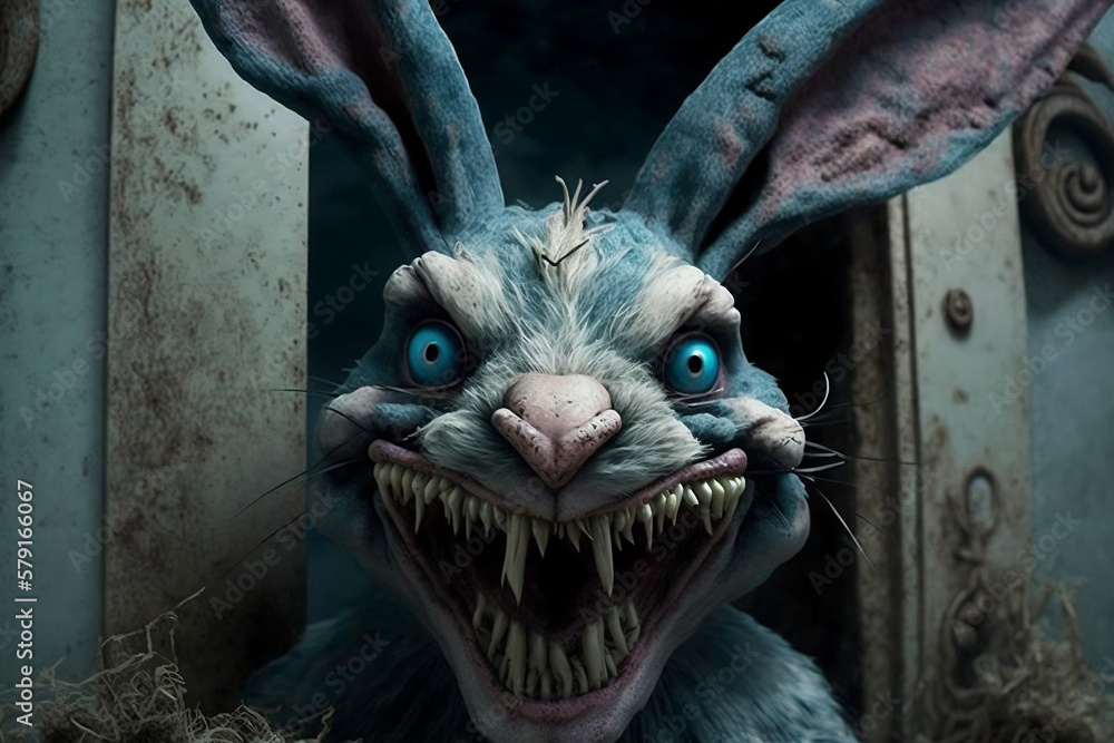 Close Up Of A Creepy Easter Bunny With Rotten Teeth And Erect Ears, Easter Day, Generative Ai