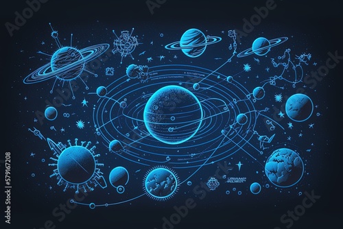 Solar system minimalist illustration, blue background. Generative AI