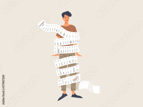 Young man with worried face is wrapped by long paper bill. Concept invoice demanding payment of debt and expenses. Financial crisis, accusation concept. Flat vector illustration cartoon character.