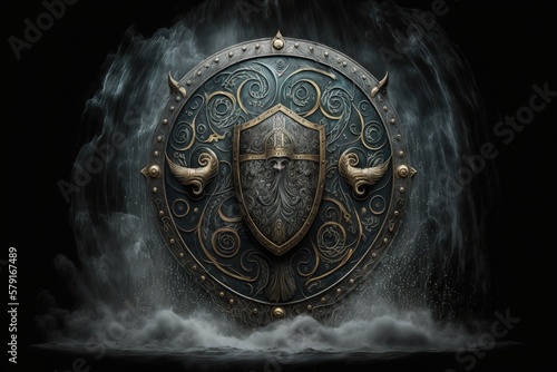 Illustration of wooden viking shield and metal ornaments, black background with fog. Generative AI photo