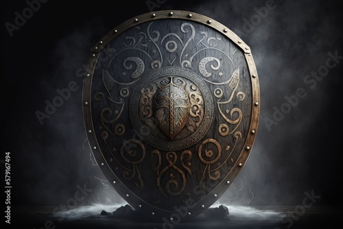 Illustration of wooden viking shield and metal ornaments, black background with fog. Generative AI