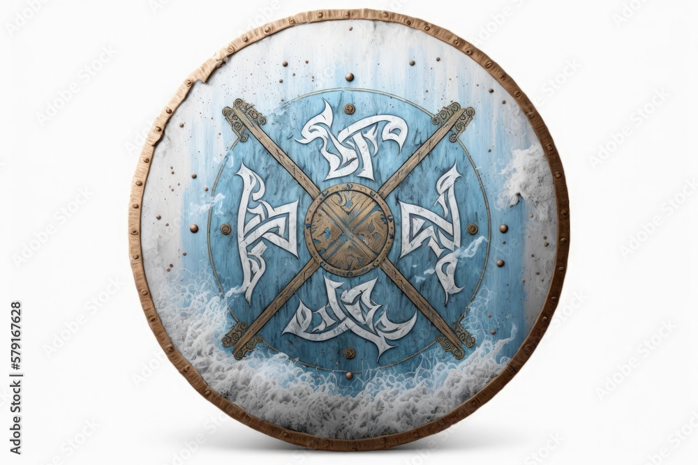 Fototapeta premium Blue and white viking shield illustration, white background. Generative AI