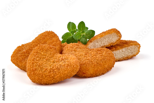 Breaded chicken nuggets, isolated on white background.