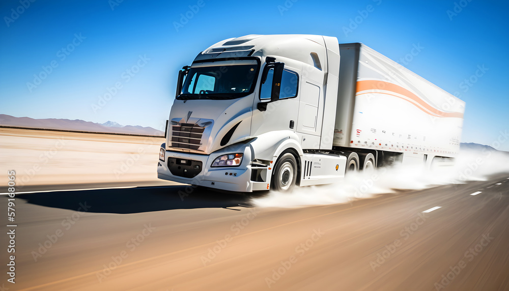 Modern truck run fast on a highway in the desert, illustration ai generative Modern truck run fast on a highway in the desert, illustration ai generative