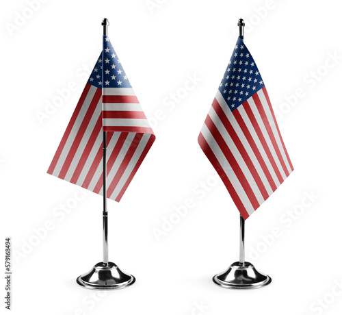 Small national flags of the USA on a white background
