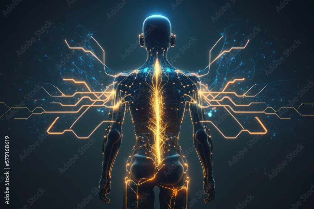 human brain and body. glowing blue lines. neural connections. artificial intelligence, cyberspace. AI Generative human brain and body. glowing blue lines. neural connections. artificial intelligence, cyberspace. AI Generative