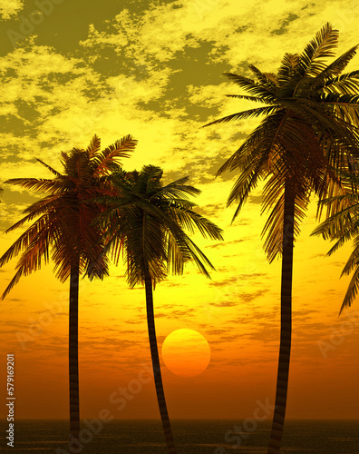 Sun setting over the sea behind palm trees © simonXT2