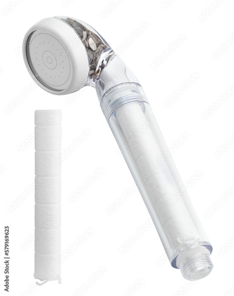 Shower head and new cartridge on a transparent background. Ecofriendly