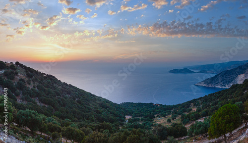 Sunset summer coastline landscape, Kefalonia, Greece. Panorama.