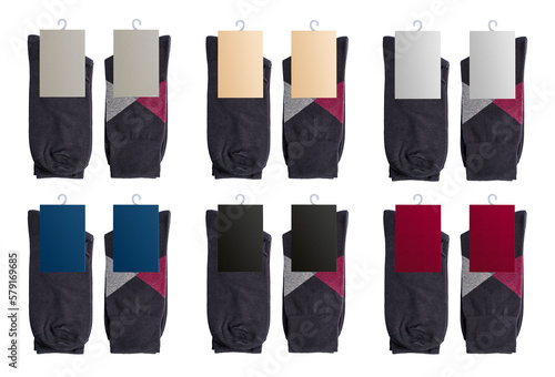 Set of new socks on a transparent background. Dark socks with clean label for design. isolated object