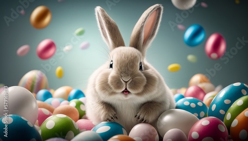 Easter bunny with many colorful Easter eggs. Colorful Easter eggs. Easter concept. Generative AI
