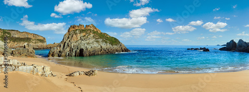 Sandy Mexota beach (Spain). Atlantic Ocean coastline landscape.