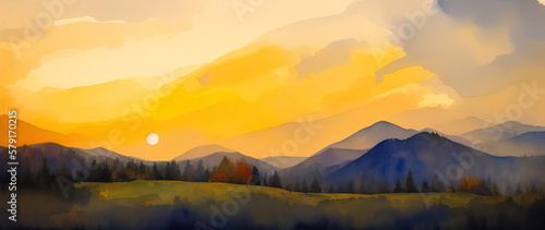 Mountain autumn landscape with snowy peaks. Panorama. Generative AI. © Valentina Watercolor