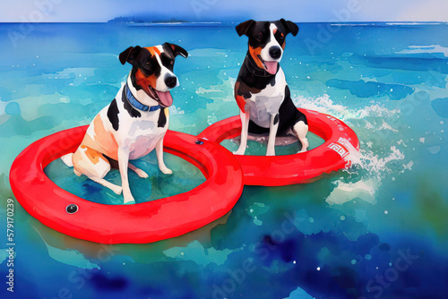 Illustration of a dog with a red life buoy in blue transparent water. Generative AI. © Valentina Watercolor