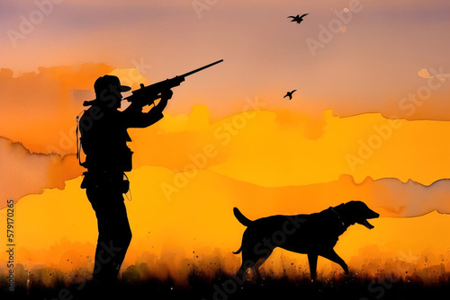 Illustration of a man with weapons in his hands, a hunter with a dog. Generative AI.