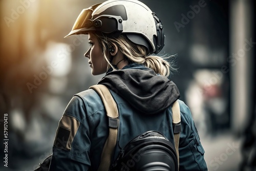 illustration, a young female worker wearing a protective helmet, ai generative