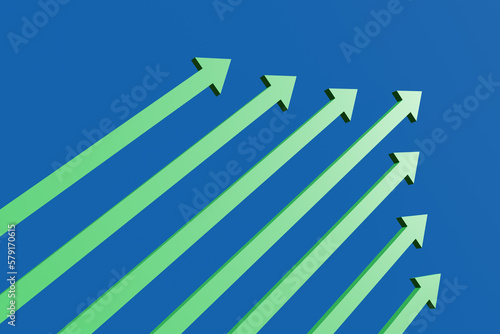 Many green up arrows on sky blue background. Illustration of the concept of increasing trend of stock prices  interest rates and inflation