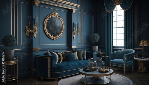 4. A grand Georgian-style living room with opulent furnishings and ornate details. The space features rich blues and gold accents, creating a sense of elegance and luxury. generative ai