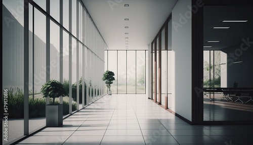 A contemporary office building with a minimalist design. The exterior is sleek and modern  featuring floor-to-ceiling windows that provide natural lighting. The interior is bright  airy  generative ai
