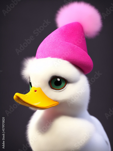 Cute duck with  in a pink knitted hat. Created with generative AI