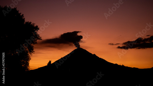 Popocatepetl volcano, located in Puebla, against the light of its silhouette.