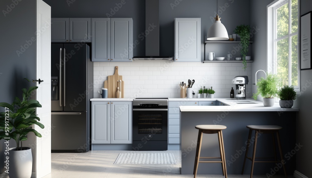 Fototapeta premium A sleek and modern Scandinavian-style kitchen, featuring minimalist design, a cool color palette of whites and grays. The space is filled with natural light, highlighting the clean lines generative ai