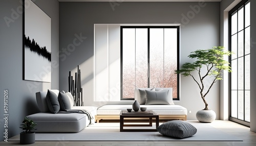 A sleek and modern Japanese-inspired living room  featuring minimalist design and a cool color palette of whites and grays. The space is illuminated with soft  natural light. generative ai