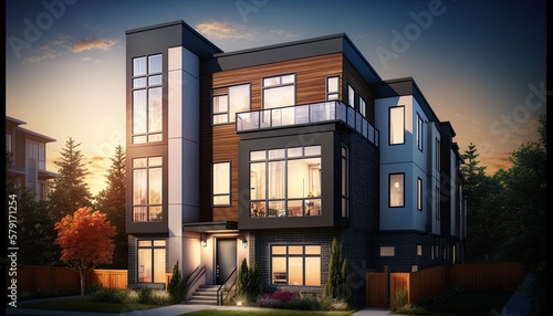 A sleek and modern town home. The scene is set in a bustling urban area, with the townhome situated among other modern buildings. The mood is contemporary and stylish, generative ai