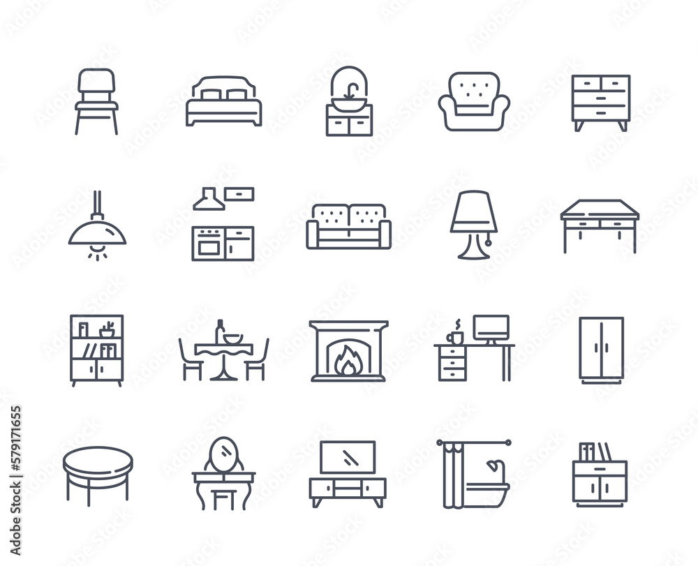 Set of Simple Furniture Related Icons. Bed, armchair, kitchen, dining table, light fixture, fireplace and bathroom. Design elements for app. Cartoon linear vector collection isolated on white