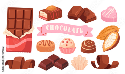 Set of chocolate icons. Stickers or illustrations with chocolate bar, sweet candies and cocoa beans. Delicious desserts and confectionery. Cartoon flat vector collection isolated on white background