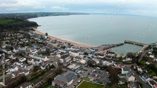 4k Aerial view of saundersfoot during winter months of the year 2023, Aerial view of harbour and beach with high tide photo