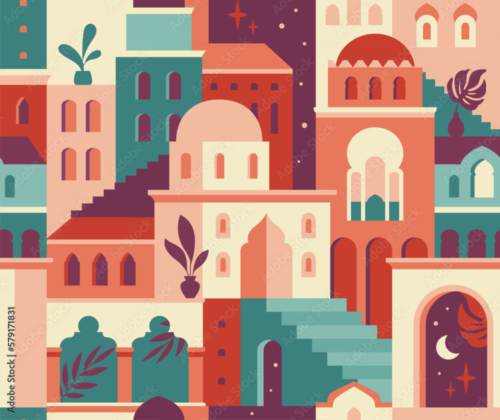 Seamless pattern with abstract oriental architecture. Repeating template with aesthetic geometric buildings, plant silhouettes and starry sky. Moroccan style. Cartoon flat vector illustration