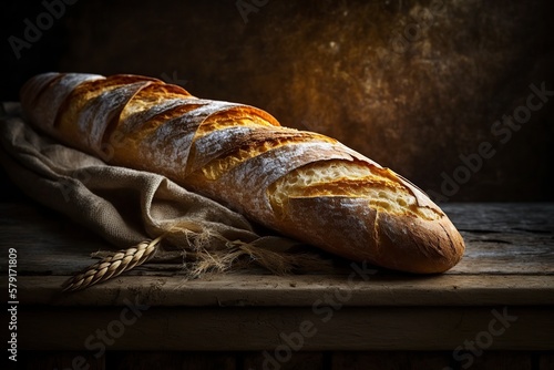 illustration, french baguette bread on wooden background, ai generative